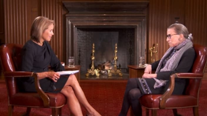 In this 2016 photo, Katie Couric (left), shown while serving as global news anchor for Yahoo news, interviews Supreme Court Justice Ruth Bader Ginsburg. (Photo: Screenshot/Yahoo News)