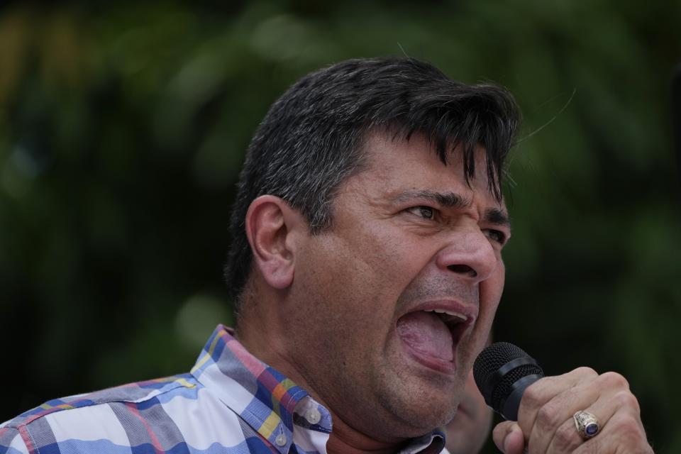 Opposition leader Freddy Superlano speaks to supporters in Barinas, Venezuela, Saturday, Dec. 4, 2021. Superlano, who was leading the race for governor in Barinas State in the recent Nov. 21 regional elections, called for a protest this Saturday after a court ruling ordered new elections in the state and disqualified him from running(AP Photo/Ariana Cubillos)