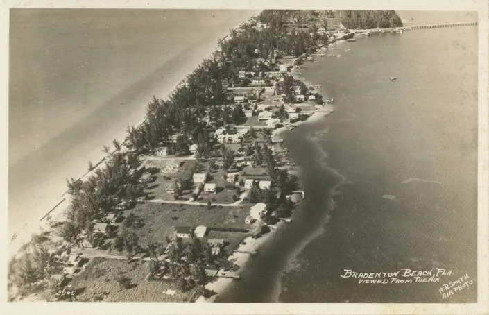 This aerial depicts the southern-most portion of Bradenton Beach. To the right of the image is the Anna Maria Sound and to the left of the image is the Gulf of Mexico in this historic postcard from 1945.