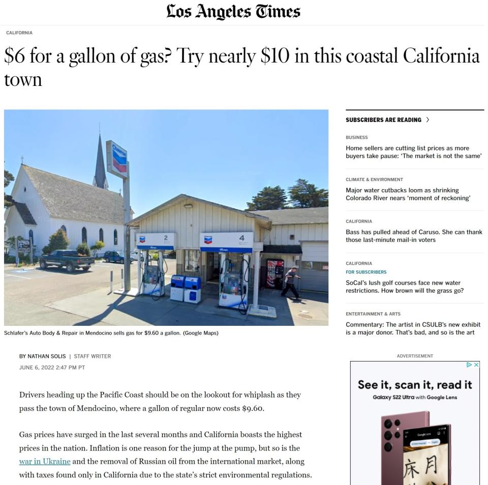 Screenshot of LA Times' articles, "More than $6 for a gallon of gas across California; one station is $9.60"