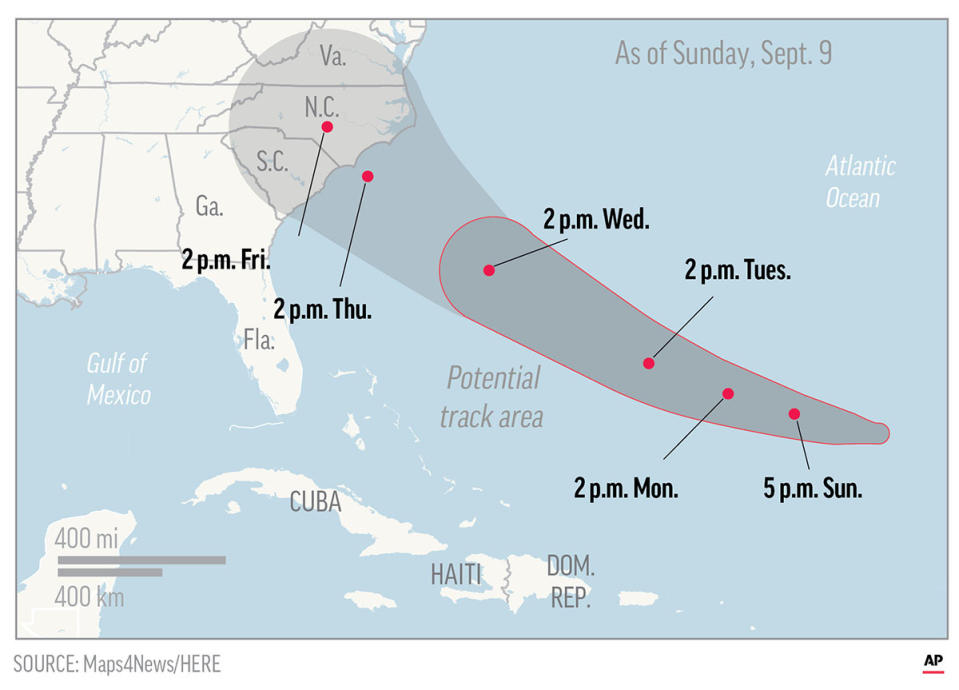 Map shows probable path of Hurricane Florence. ; 1c x 3 inches; 46.5 mm x 76 mm;