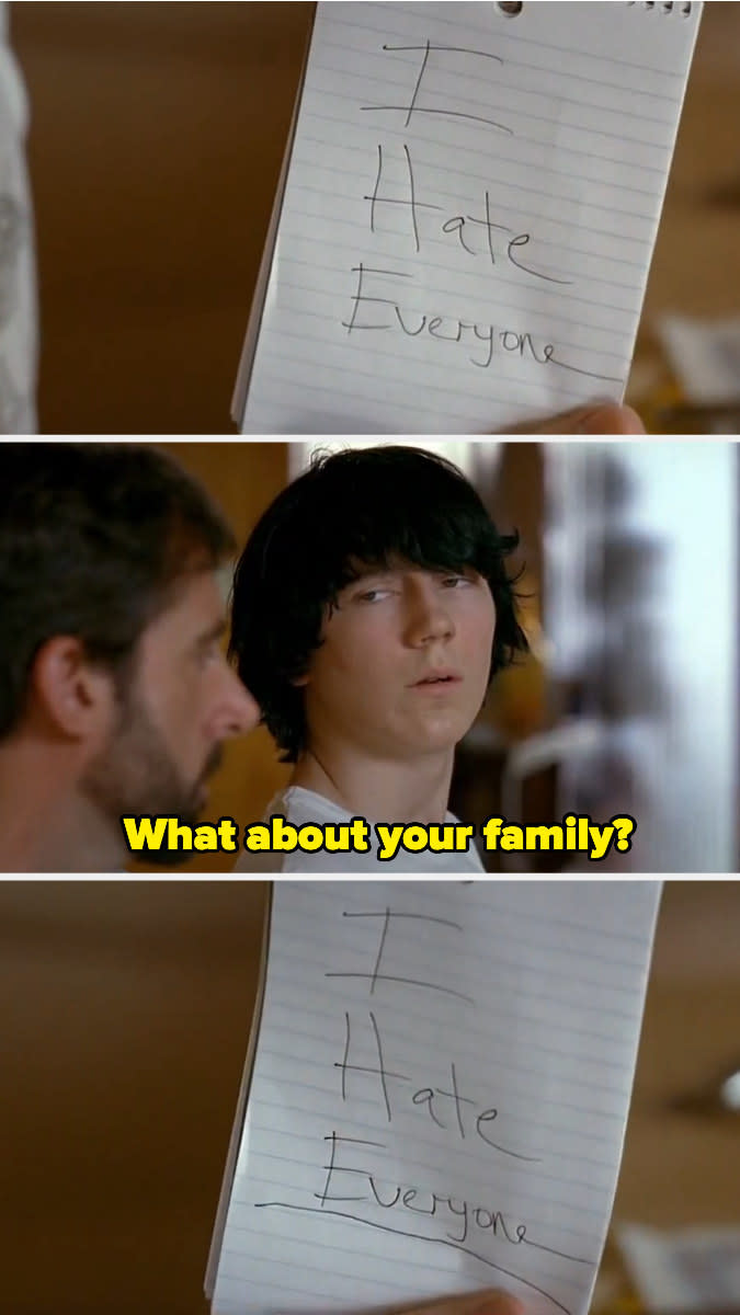 notepad says i hate everyone and someone asks, what about your family and the notepad is shown again