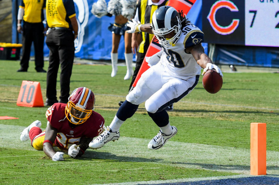 Todd Gurley reaching for the end zone. (Getty)