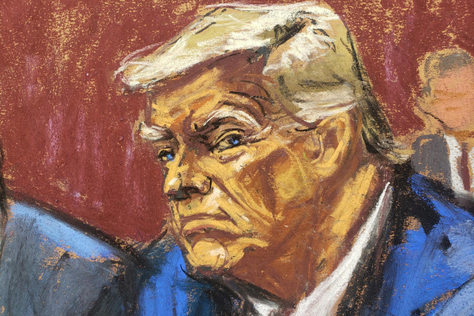 A courtroom sketch of Donald Trump.