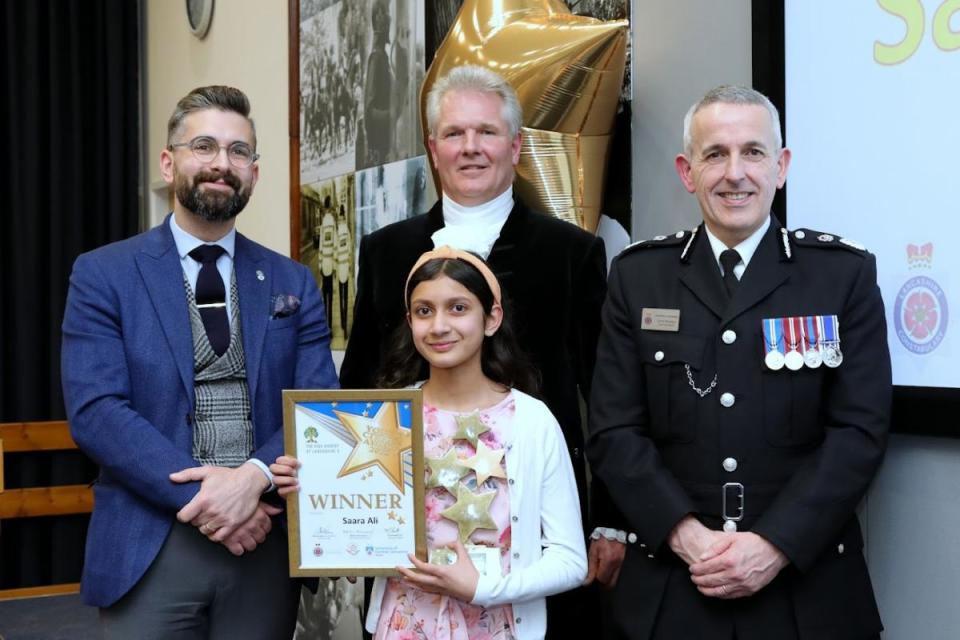 Russell Millhouse from the University of Central Lancashire. (left),  High Sheriff of Lancashire Martin Ainscough (middle), Saara Ali (bottom) and police chief constable Chris Rowley (right) <i>(Image: Lancashire Police)</i>