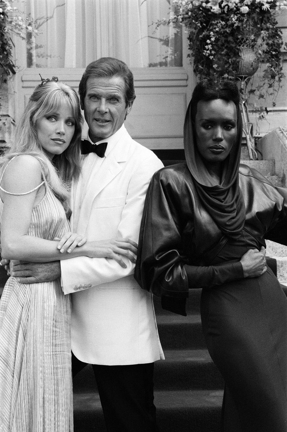a view to a kill 1984 james bond film, photocall outside the chateau de chantilly in france, thursday 16th august 1984, tanya roberts as stacey sutton, roger moore as james bond, mi6 agent 007 and grace jones as may day photo by kent gavinmirrorpix via getty images