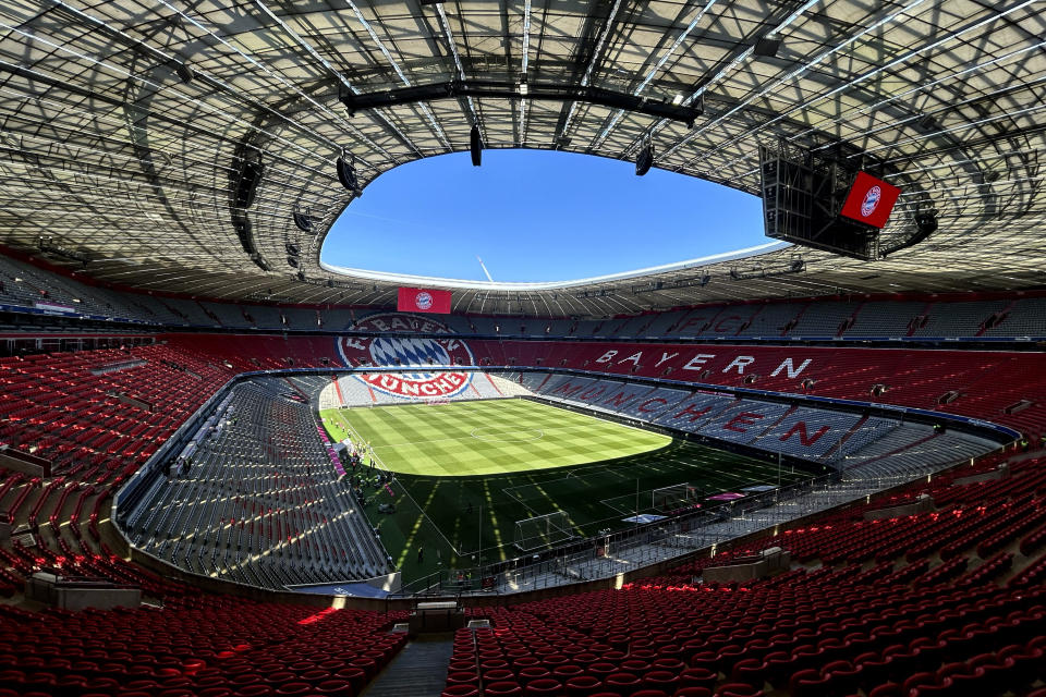 FILE - Inside view of the 'Allianz Arena' stadium prior to the German Bundesliga soccer match between FC Bayern Munich and Eintracht Frankfurt in Munich, Germany, April 27, 2024. The Euros kick off in Munich, Friday June 14, when host country Germany plays Scotland at Bayern Munich's Allianz Arena. The tournament begins with six groups of four teams. (AP Photo/Matthias Schrader, File)