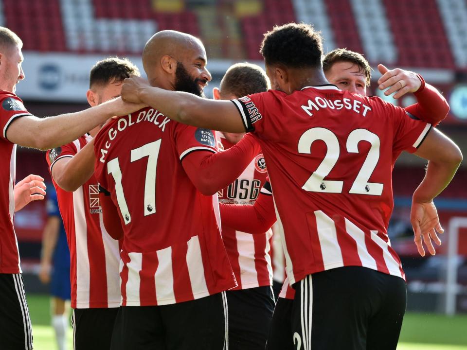 Sheffield United's David McGoldrick (C) celebrates: POOL/AFP via Getty Images