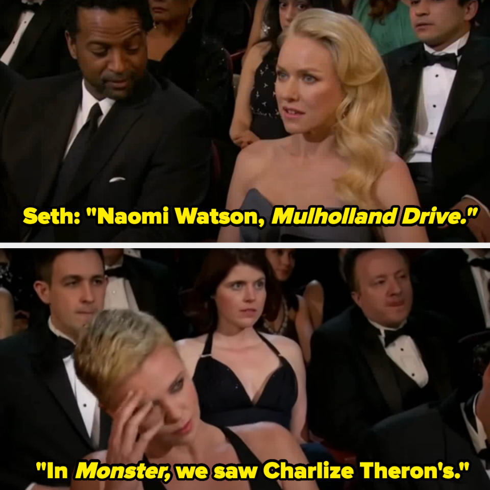 Naomi Watson's face falls as her name is sung, and Charlize Theron covers her face and looks down