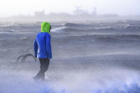 A person walks along the banks of the Weser estuary during a storm surge and waves in Bremerhaven, Germany, Friday Dec. 22, 2023. Pre-Christmas rail travelers in parts of Germany faced widespread disruption on Friday as a storm swept across northern Europe, bringing down trees and prompting warnings of flooding on the North Sea coast. (Sina Schuldt/dpa via AP)