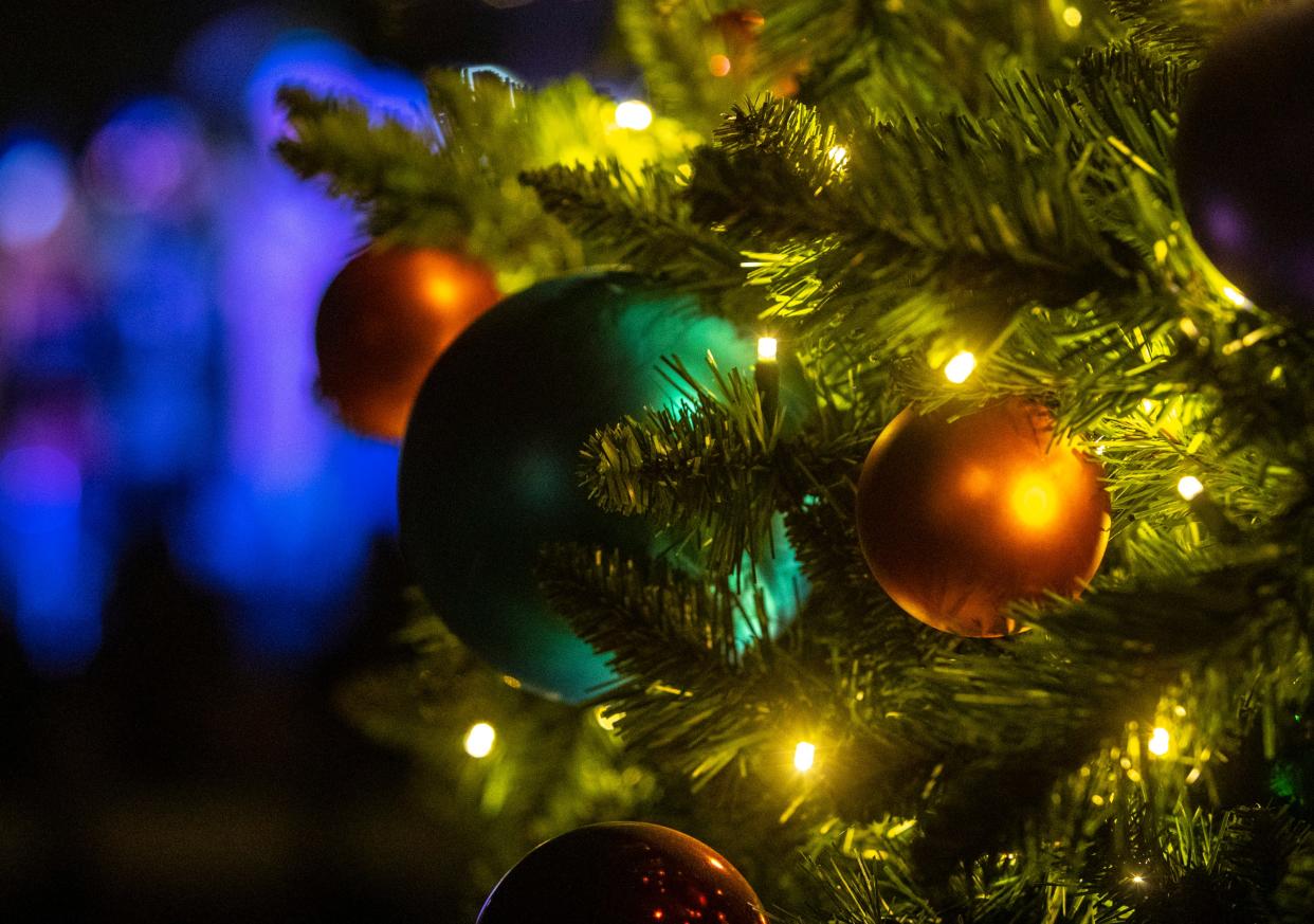 Decorations are seen on the city of Indio Christmas tree during the 2022 tree lighting ceremony at city hall.