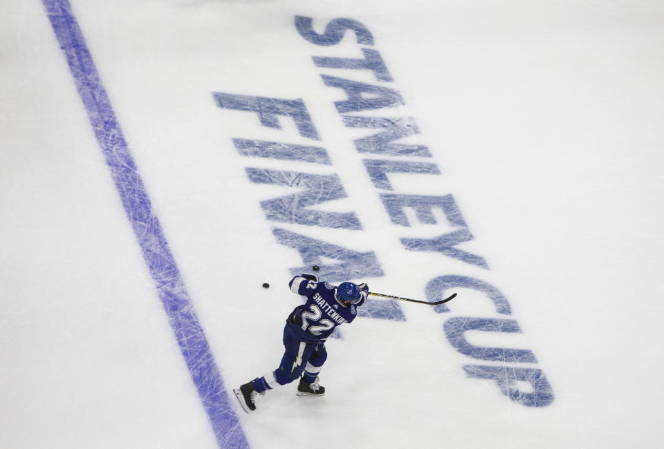 Tampa Bay Lightning defenseman Kevin Shattenkirk (22) skates during warmups before taking on the Dallas Stars during NHL Stanley Cup finals hockey action in Edmonton, Alberta, Saturday, Sept. 19, 2020. (Jason Franson/The Canadian Press via AP)