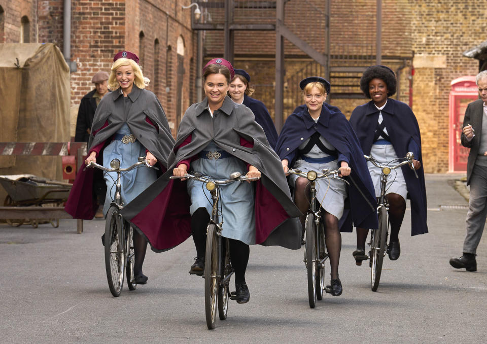 Helen George, Megan Cusak, Natalie Quarry and Renee Bailey in Call the Midwife (BBC)