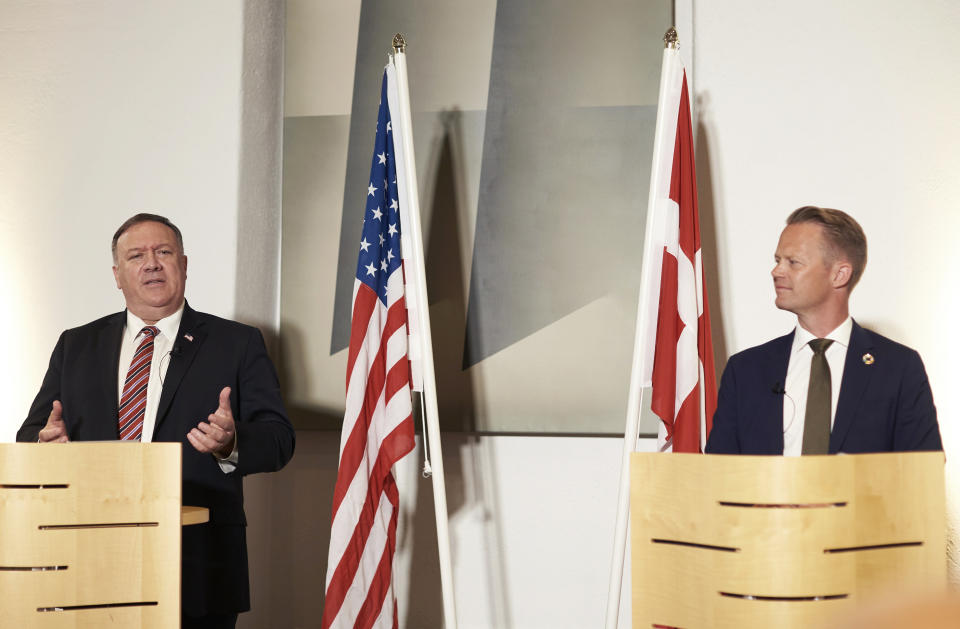 Danish Foreign Minister Jeppe Kofod, right and US Secretary of State Mike Pompeo give a joint press conference in Copenhagen, Denmark, Wednesday, July 22, 2020. Pompeo arrived in Denmark on Wednesday for meetings with the country's leaders that are likely to address the construction of a disputed gas pipeline which Washington opposes. (Thibault Savary/Pool Photo via AP)