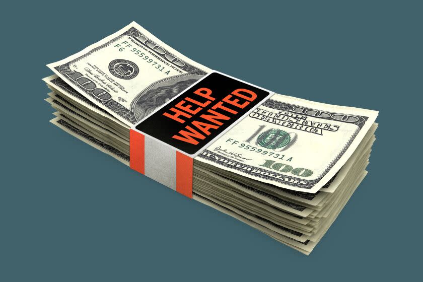 photoillustration of a stack of $100 bills wrapped in a band with a help wanted sign.