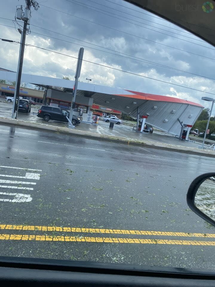 A gas station on Highway 72 was twisted by the winds on Saturday.