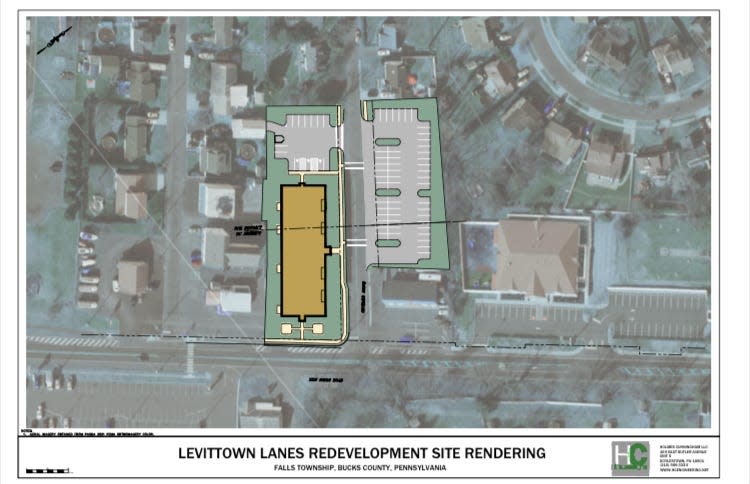 Schematic of proposed redevelopment of the Levittown Lanes property. The venerable bowling alley burned on March 30, 2022. Owner Al and Mary Episcopo have approval by the Falls Zoning Hearing Board for several variances to accommodate the apartment building.