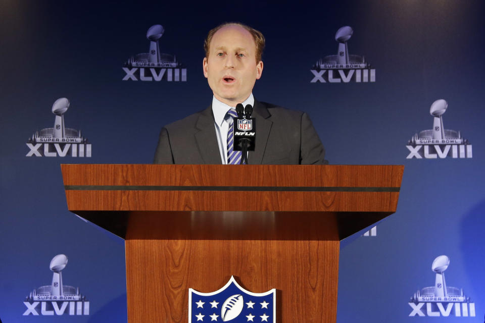 Jeff Miller, with the NFL, speaks during a news conference on health and safety at the NFL Super Bowl XLVIII media center, Thursday, Jan. 30, 2014, in New York. (AP Photo)