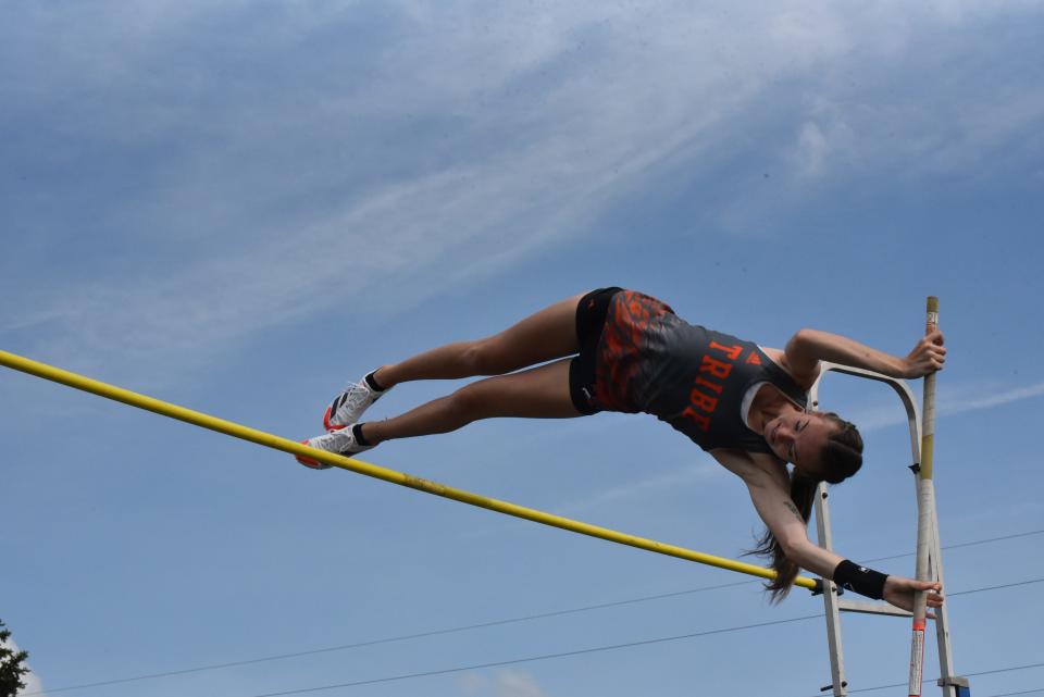 Tecumseh's Jordyn Wright competes in the pole vault at the Lenawee County Track and Field Championships Tuesday at Onsted.