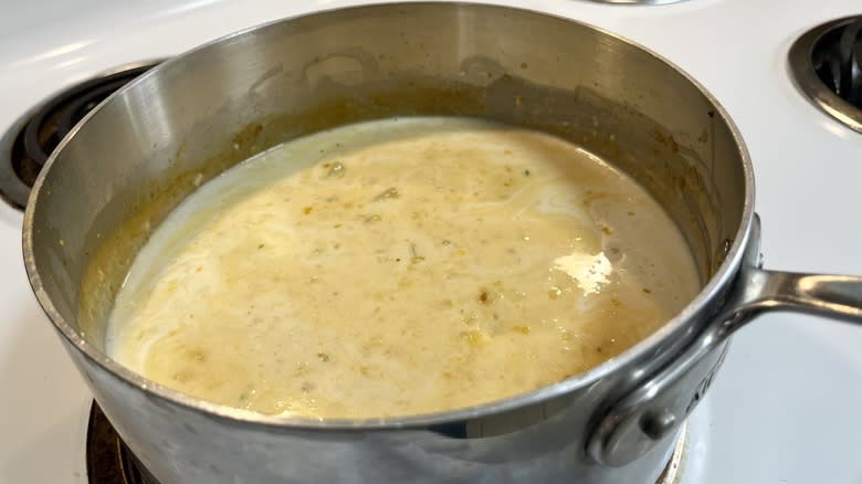 coconut corn chowder in saucepan