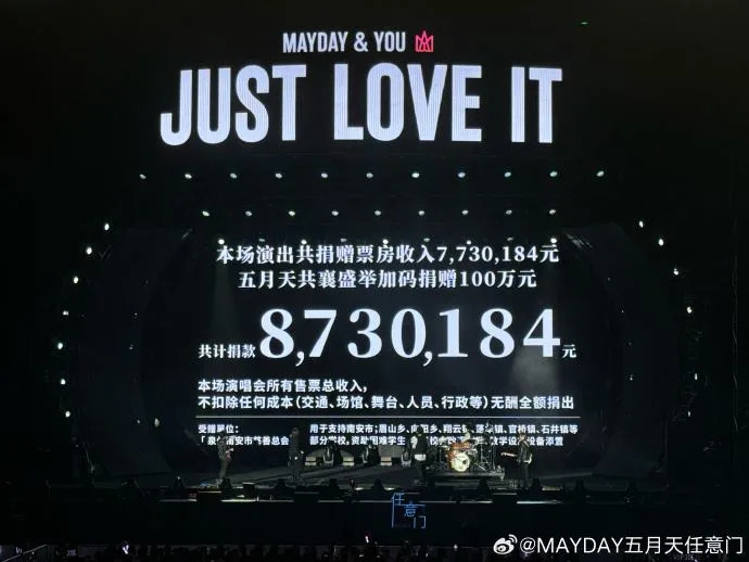 五月天在泉州舉辦「Just Love It 」公益演唱會，總共捐出900萬人民幣。（圖／翻攝自微博）