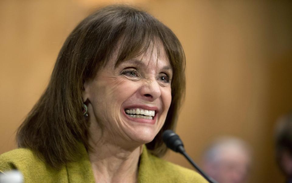 FILE - In this May 7, 2014 file photo, actress and cancer survivor Valerie Harper, testifies before a Senate Special Committee on Aging hearing to examine the fight against cancer on Capitol Hill in Washington. Valerie Harper, who scored guffaws and stole hearts as Rhoda Morgenstern on back-to-back hit sitcoms in the 1970s, has died, Friday, Aug. 30, 2019. She was 80. (AP Photo/Manuel Balce Ceneta, File)