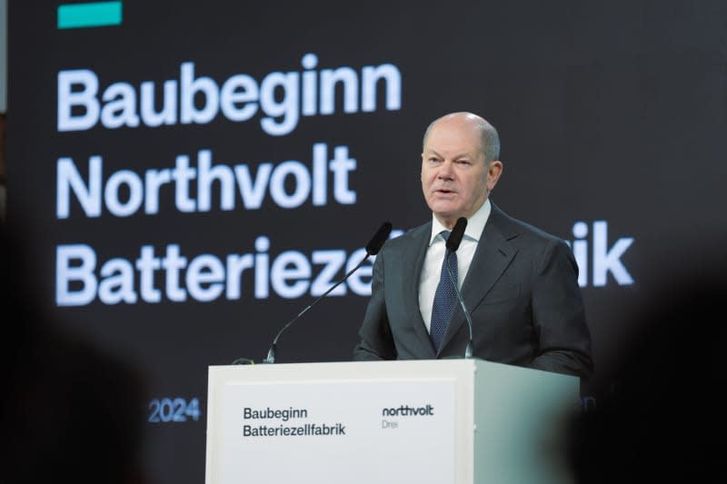 German Chancellor Olaf Scholz speaks before the start of construction of the Northvolt factory, which will produce battery cells for electric cars from 2026. Marcus Brandt/dpa