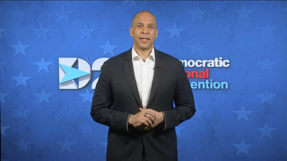 In this image from video, Sen. Cory Booker, D-N.J., speaks during the fourth night of the Democratic National Convention on Thursday, Aug. 20, 2020. (Democratic National Convention via AP)