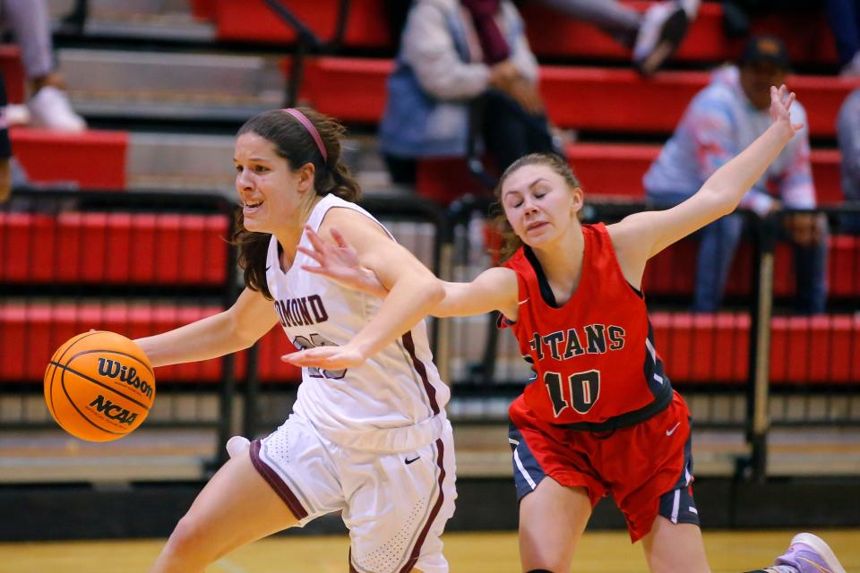 Edmond Memorial's Baylor Franz goes past Carl Albert's Kennedy Cofer during the girls championship game of the Titan Classic on Jan. 22.
