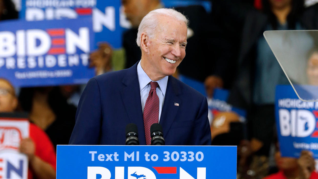 Former Vice President Joe Biden gestures as he speaks during a campaign rally at Renaissance High School in Detroit, Michigan on March 9, 2020. (Jeff Kowalsky/AFP via Getty Images)