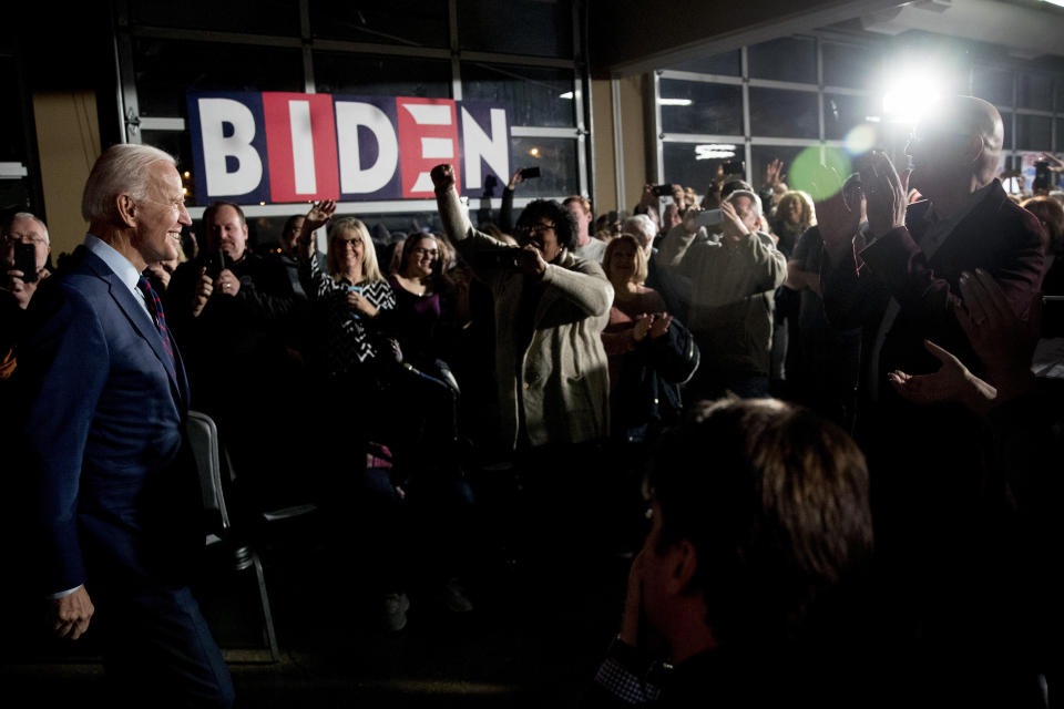 Democratic presidential candidate, former Vice President Joe Biden arrives at a campaign rally at Modern Woodmen Park, Sunday, Jan. 5, 2020, in Davenport, Iowa. (AP Photo/Andrew Harnik)