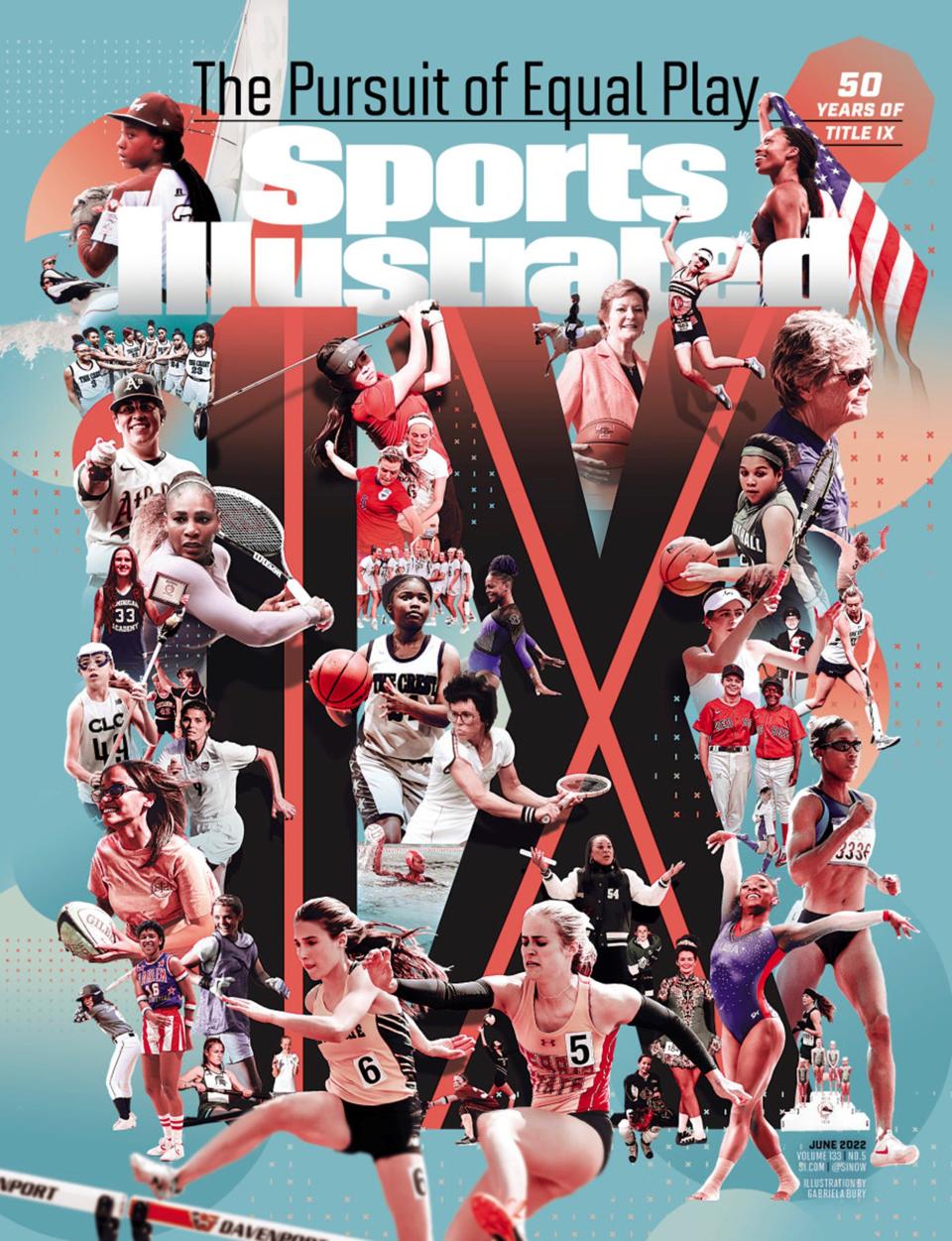 The cover from Sports Illustrated's celebrating of the 50 year anniversary of Title IX. Allyson Faulkner is picutred on the bottom, #5 middle front, hurdling for Ferris State on June 2022 Sports Illustrated Cover to the left of Simone Biles and below Billie Jean King.