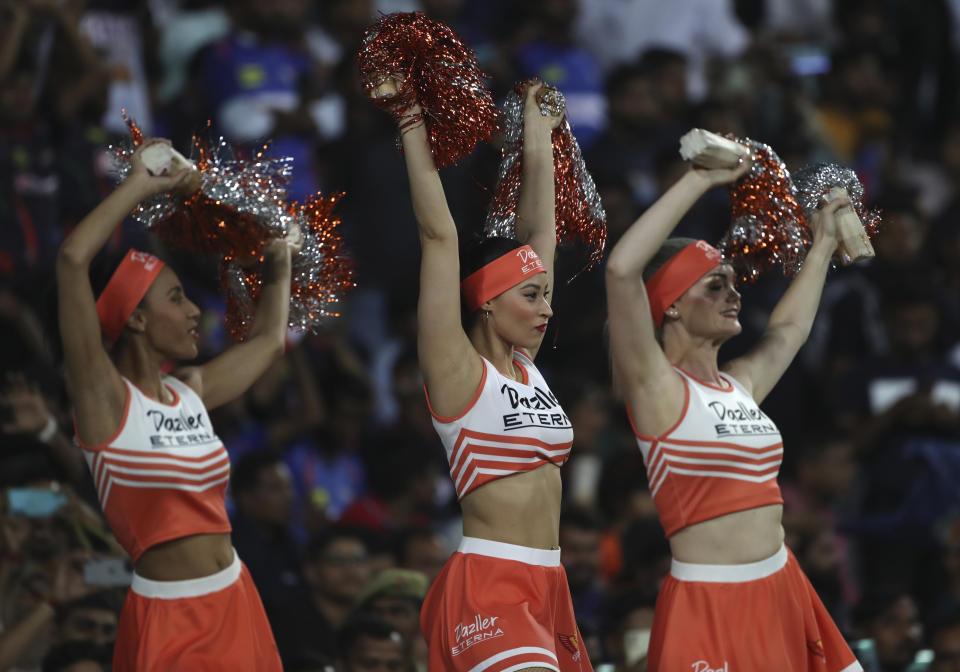 Cheer girls dance during the Indian Premier League cricket match between Lucknow Super Giants and Sunrisers Hyderabad, in Lucknow, India, Friday, April 7, 2023. (AP Photo/Surjeet Yadav)