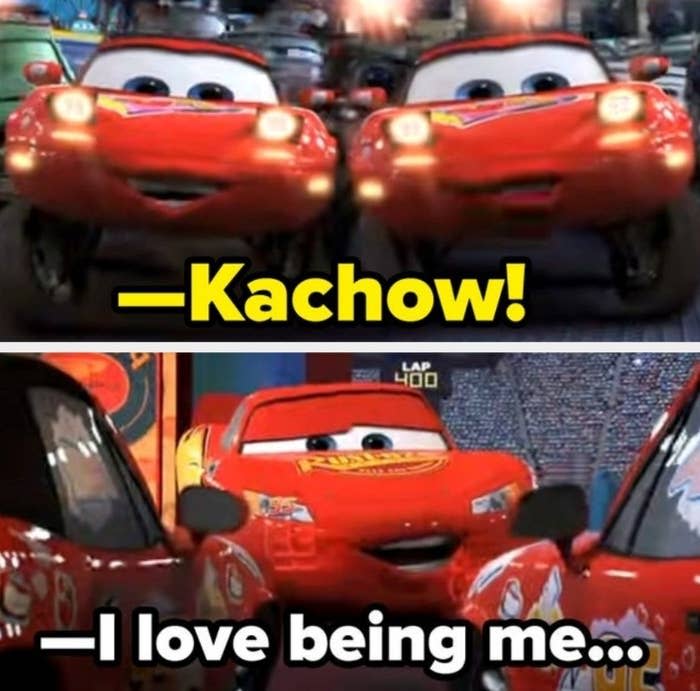 Two cars flash their headlights at Lightning McQueen in a suggestive way in the movie Cars