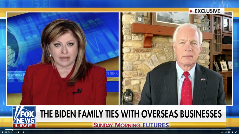 Fox News host Maria Bartiromo, left, interviews U.S. Sen. Ron Johnson (R-Wis.), right.