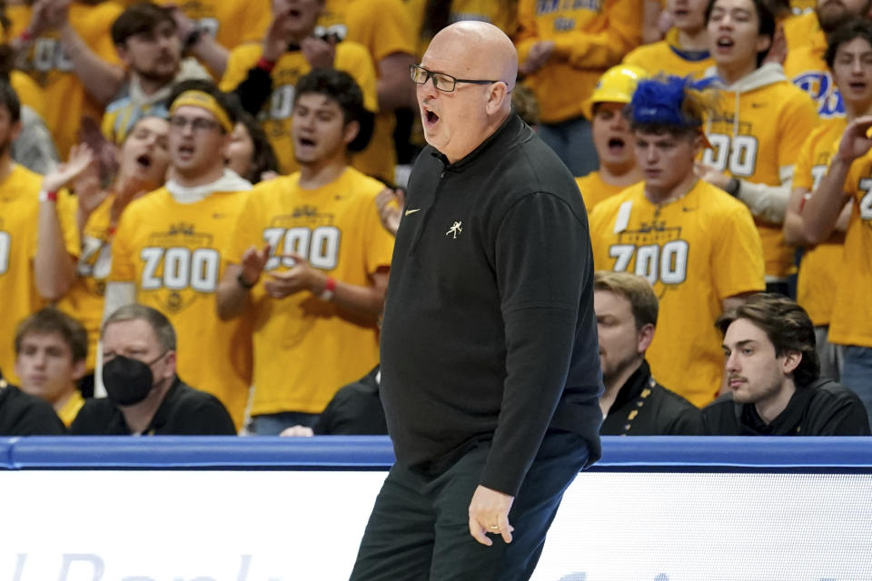 Wake Forest head coach Steve Forbes calls out to his team during the first half of an NCAA college basketball game against Pittsburgh, Wednesday, Jan. 31, 2024, in Pittsburgh. (AP Photo/Matt Freed)