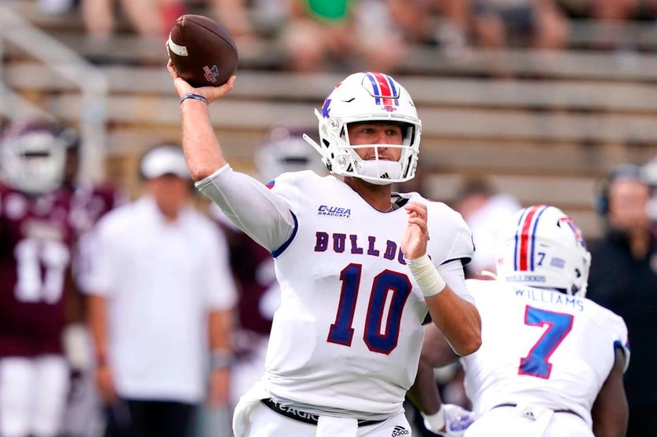 Louisiana Tech quarterback Austin Kendall (10) passes against Mississippi State during the first half of an NCAA college football game in Starkville, Miss., Saturday, Sept. 4, 2021.