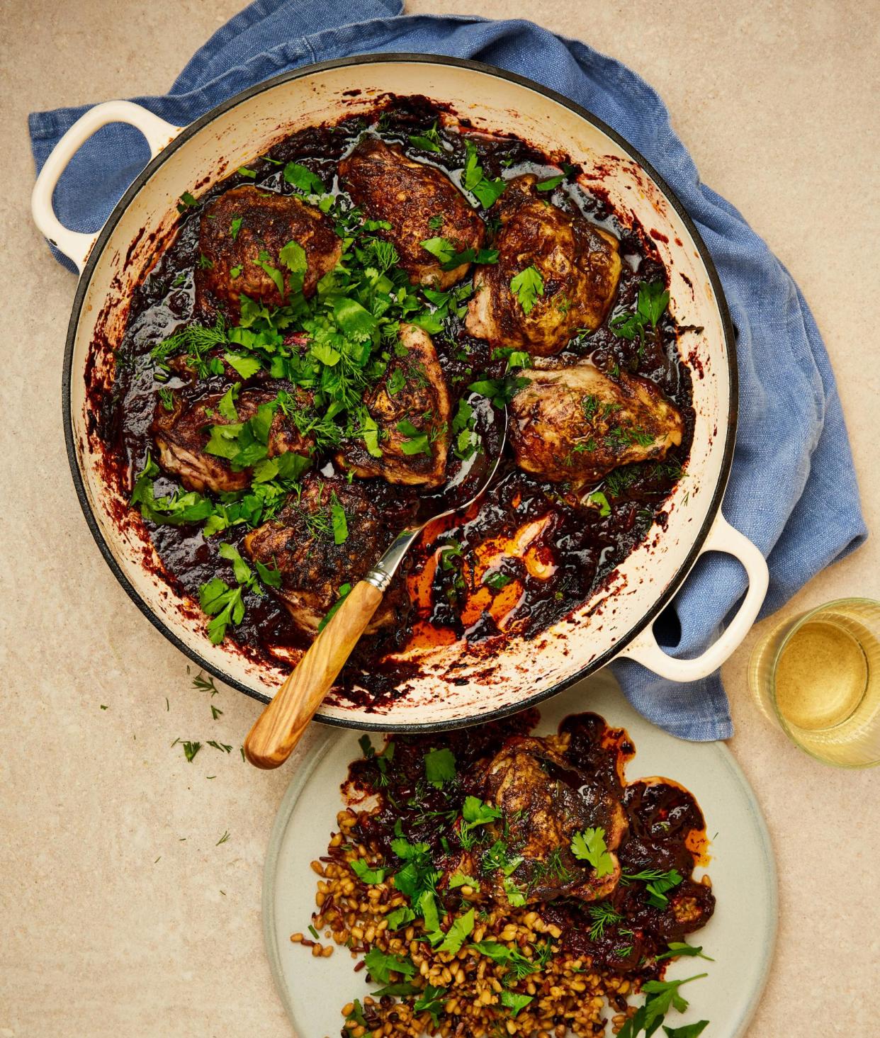 <span>Thomasina Miers’ roast chicken with charred tomato and hibiscus tinga.</span><span>Photograph: Louise Hagger/The Guardian. Food Styling: Emily Kydd. Prop styling: Jennifer Kay. Food styling assistant: Eden Owen-Jones. Photo assistant and retouching: Sophie Bronze.</span>