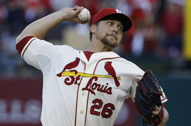 St. Louis Cardinals relief pitcher Trevor Rosenthal throws Saturday during the ninth inning of Game 2 of the National League Championship Series against the Los Angeles Dodgers. Rosenthal struck out the side to preserve a 1-0 victory and give the Cardinals a 2-0 series lead. &nbsp;