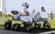 A replica of the Mars 2020 Perseverance Rover is shown during a press conference, at the Kennedy Space Center in Cape Canaveral