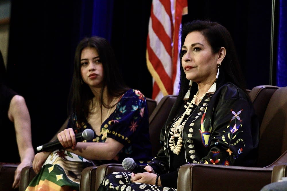 Actress Amber Midthunder (left) and Producer Jhane Myers (right) spoke to attendees at the UNITY Conference for youth leaders in Tempe on Saturday, Feb. 25, 2023. (Photo: Darren Thompson for Native News)