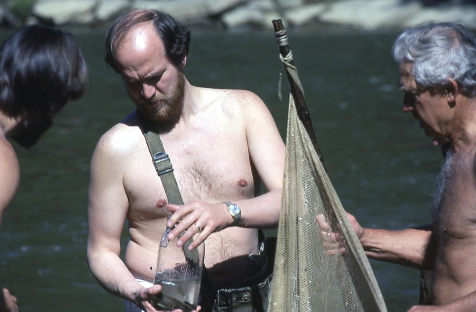 This April 1978 photo provided via courtesy of C. Kenneth Dodd Jr. shows Glenn Clemmer, Jim Williams, center, and Royal Suttkus conducting fish surveys along the Cahaba River in Ala. (Courtesy of C. Kenneth Dodd Jr. via AP)