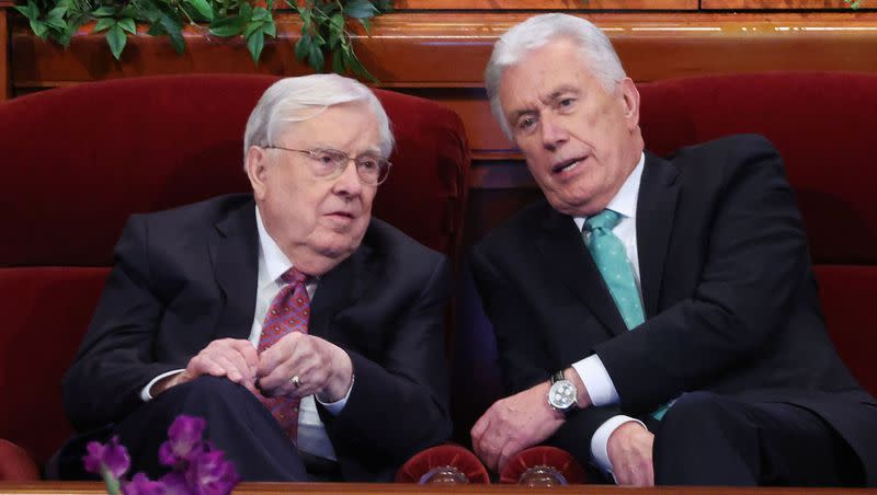 President M. Russell Ballard and Elder Dieter F. Uchtdorf talk prior to the 193rd Semiannual General Conference of The Church of Jesus Christ of Latter-day Saints at the Conference Center in Salt Lake City on Sunday, Oct. 1, 2023.