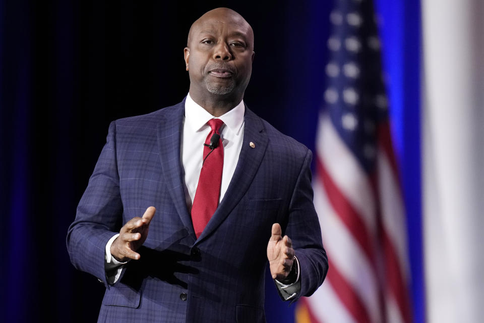 Sen. Tim Scott, R-S.C., speaks at an annual leadership meeting of the Republican Jewish Coalition Saturday, Nov. 19, 2022, in Las Vegas. (AP Photo/John Locher)