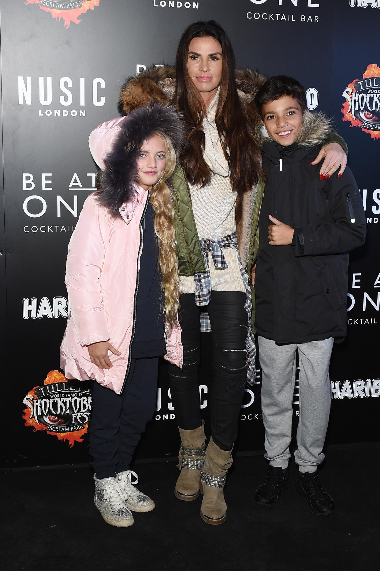 CRAWLEY, WEST SUSSEX - OCTOBER 06:  Katie Price attends the 'Shocktober' press night with her children Princess (L) and Junior (R) at Tulleys Farm on October 6, 2017 in Crawley, West Sussex.  (Photo by Tabatha Fireman/Getty Images)