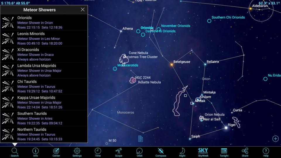 Meteor showers are named for the constellations Earth is heading toward as it passes through the debris field, causing the meteors to appear to radiate from that patch of sky. Astronomy apps such as SkySafari 5 display the radiant for the meteor shower against the distant background stars. When the radiant is low, Earth will block many meteors from view, so the best time to view them is when the radiant is high in the sky or overhead. <cite><a href="http://www.skysafariastronomy.com/" rel="nofollow noopener" target="_blank" data-ylk="slk:SkySafari App;elm:context_link;itc:0;sec:content-canvas" class="link ">SkySafari App</a></cite>