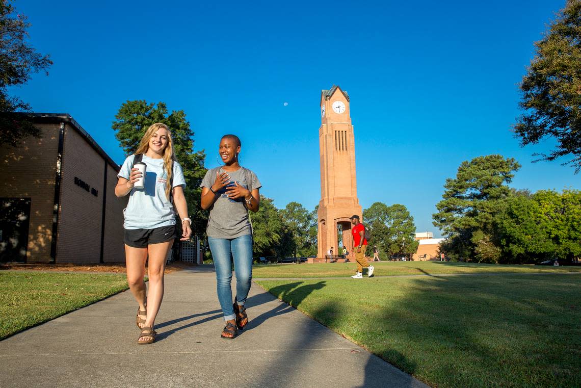 Columbus State University students walk on campus.