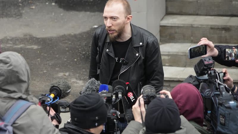 Daniil Berman, the lawyer of arrested Wall Street Journal reporter Evan Gershkovich, speaks to journalists near the Lefortovsky court, in Moscow, Russia, Thursday, March 30, 2023. Russia’s top security agency says an American reporter for the Wall Street Journal has been arrested on espionage charges. The Federal Security Service said Thursday that Evan Gershkovich was detained in the Ural Mountains city of Yekaterinburg while allegedly trying to obtain classified information.