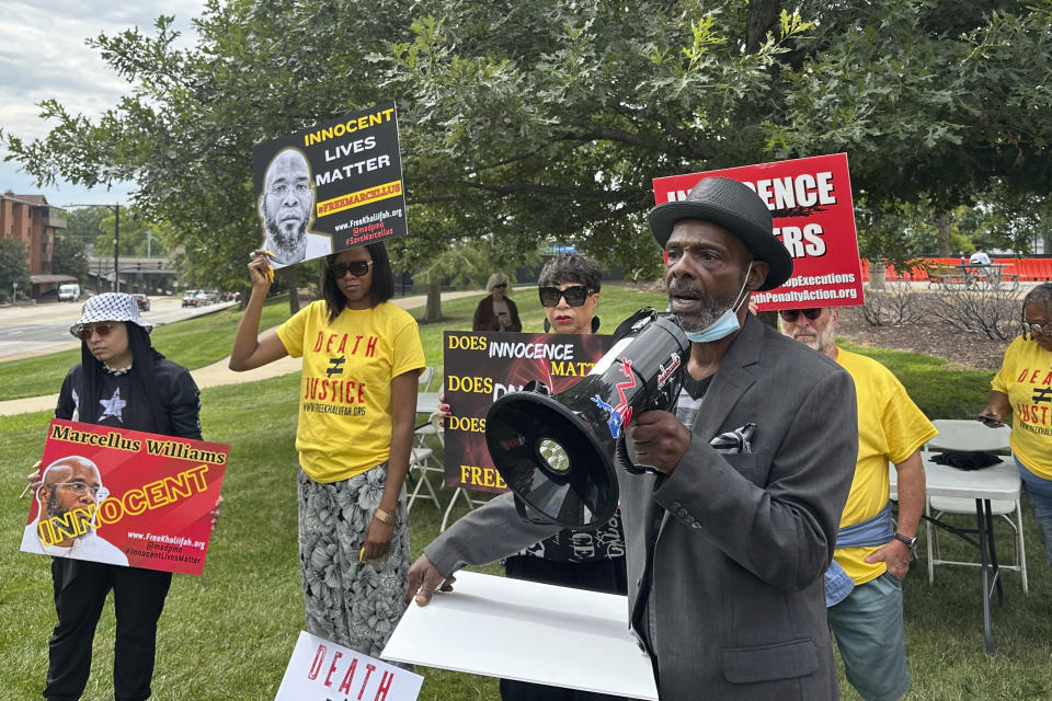 Joseph Amrine, who was exonerated two decades ago after spending years on death row, speaks at a rally to support Missouri death row inmates Marcellus Williams on Wednesday, Aug. 21, 2024, in Clayton, Mo. (AP Photo/Jim Salter)