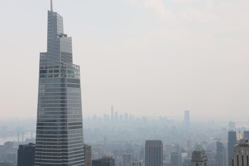 Manhattan sits under a thick haze resulting from Canadian wildfires on June 06, 2023 in New York City. Over 100 wildfires are burning in the Canadian province of Nova Scotia and Quebec resulting in air quality health alerts for the Adirondacks, Eastern Lake Ontario, Central New York and Western New York.